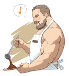  1boy apron bara beard brown_hair cooking facial_hair from_side highres large_pectorals male_focus mature_male muscular muscular_male mustache naked_apron old old_man original pectorals ryker short_hair sideburns sidepec solo white_apron 