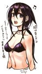  1girl bikini black_choker blue_eyes breasts choker cropped_torso dated empty_eyes hair_flaps highres kotoba_noriaki long_hair looking_at_viewer medium_breasts musical_note navel notice_lines open_mouth original ponytail purple_bikini signature simple_background solo swimsuit translation_request white_background 