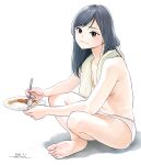 1girl black_eyes black_hair commentary_request crossed_ankles curry curry_rice food holding holding_plate horikou indian_style panties pink_panties plate reiko_(super_cub) rice sitting spoon super_cub topless towel towel_around_neck underwear underwear_only 