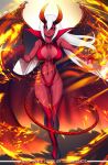  1girl bangs boots breasts burning center_opening cleavage cloudxmoe colored_skin commentary demon_girl demon_horns demon_tail demon_wings english_text fire full_body highres horns large_breasts leotard long_hair looking_at_viewer navel original pointy_ears purple_eyes red_legwear red_leotard red_skin revealing_clothes smile solo standing tail thigh_boots thighhighs white_hair wings 