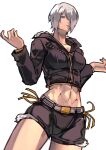  1girl abs alternate_costume angel_(kof) black_hoodie collarbone hair_over_one_eye highres hood hooded_jacket hoodie jacket long_sleeves looking_at_viewer looking_down midriff navel short_hair shorts shrugging snk solo syachiiro the_king_of_fighters the_king_of_fighters_2001 the_king_of_fighters_xiv toned white_hair 