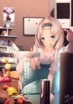  1girl 2267420264 barefoot bed blue_eyes blurry blurry_background blurry_foreground bookshelf cd chips closed_mouth doll food food_in_mouth game_console hair_ornament highres holding homu_(honkai_impact) honkai_(series) honkai_impact_3rd indoors long_hair looking_at_viewer nintendo_switch pillow playstation_4 pocky shirt side_ponytail smile solo television theresa_apocalypse white_hair white_shirt 