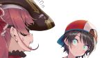  2girls arrow_through_heart bangs baseball_cap bicorne black_hair black_headwear blush closed_mouth collar commentary crazy_eyes eyebrows_visible_through_hair eyepatch face-to-face frilled_collar frills green_eyes hair_ribbon hat head_tilt hololive houshou_marine kubota_masaki light_blue_eyes looking_at_another medium_hair multicolored multicolored_eyes multiple_girls oozora_subaru open_mouth parted_bangs pirate_hat portrait red_hair red_headwear red_ribbon ribbon sanpaku short_hair simple_background surprised sweat sweatdrop sweating_profusely teeth two-tone_headwear virtual_youtuber white_background white_headwear wide-eyed 