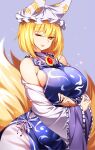 1girl absurdres animal_ears blonde_hair breasts dress fox_ears fox_tail frills hat highres large_breasts multiple_tails pillow_hat raptor7 solo tabard tail touhou white_dress yakumo_ran yellow_eyes 
