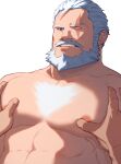  2boys abs bara beard blue_eyes chest_hair completely_nude facial_hair grabbing groping hair_strand highres large_pectorals male_focus mature_male multiple_boys muscular muscular_male mustache nipples nude old old_man overwatch pectoral_focus pectoral_grab pectorals pov reinhardt_(overwatch) ryker scar scar_across_eye short_hair solo_focus upper_body white_background white_hair yaoi 