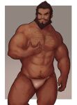  1boy abs arm_hair bara beard black_hair bulge character_request chest_hair copyright_request dark-skinned_male dark_skin facial_hair feet_out_of_frame fundoshi grabbing hairy japanese_clothes large_pectorals leg_hair looking_at_viewer male_focus male_pubic_hair mature_male muscular muscular_male navel navel_hair nipples pectoral_grab pectorals pubic_hair ryker self_fondle short_hair solo standing stomach thick_eyebrows thick_thighs thighs underwear underwear_only white_male_underwear 