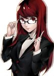  1girl black-framed_eyewear black_bow black_jacket bow bowtie buttons closed_mouth glasses highres index_finger_raised jacket lips long_hair long_sleeves looking_at_viewer persona persona_5 persona_5_the_royal pertex_777 pink_lips red_eyes red_hair school_uniform shirt shuujin_academy_uniform sidelocks simple_background solo spoilers uniform white_background white_shirt yoshizawa_kasumi 