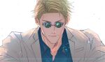  1boy blonde_hair blue_shirt closed_mouth collared_shirt dress_shirt grey_jacket jacket jujutsu_kaisen looking_at_viewer male_focus mineco000 nanami_kento round_eyewear shirt short_hair simple_background smile solo sunglasses upper_body white_background 