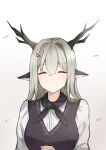  1girl absurdres alina_(arknights) animal_ears arknights black_dress black_sash blush closed_eyes closed_mouth commentary_request deer_antlers deer_ears deer_girl dress eyebrows_visible_through_hair grey_hair hair_intakes hair_ornament hairclip hands_together highres long_hair looking_at_viewer mango_(mgo) sash shirt simple_background smile solo upper_body white_shirt white_sleeves 