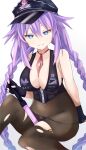  1girl absurdres bimmy black_legwear blue_eyes breasts choujigen_game_neptune cleavage cosplay eyebrows_visible_through_hair fate/grand_order fate_(series) hair_between_eyes highres long_hair looking_at_viewer medium_breasts neptune_(series) power_symbol purple_hair purple_heart sesshouin_kiara sesshouin_kiara_(swimsuit_mooncancer)_(fate) sesshouin_kiara_(swimsuit_mooncancer)_(fate)_(cosplay) sidelocks sitting solo symbol-shaped_pupils twintails 