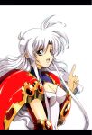  1girl :d armor breasts claret_(langrisser) cleavage covered_navel covered_nipples floating_hair hikaru_(mikan0407) index_finger_raised langrisser langrisser_v large_breasts long_hair shoulder_armor silver_hair simple_background smile solo upper_body urushihara_satoshi_(style) white_background yellow_eyes 
