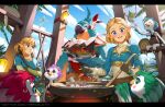  beak blonde_hair blue_eyes blush_stickers cooking crossed_arms flying highres kass ladle link mathias_leth mushroom pointy_ears pot princess_zelda rito smile teba_(zelda) the_legend_of_zelda the_legend_of_zelda:_breath_of_the_wild the_legend_of_zelda:_breath_of_the_wild_2 