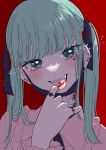  1girl :d bandaid bandaid_on_neck bangs bite_mark blood blood_in_mouth blood_splatter blue_eyes blue_hair blue_ribbon blunt_bangs blush ear_piercing earrings fangs hair_ribbon hand_up hatsune_miku head_tilt heart heart_earrings heart_ring highres jewelry kawai_rou looking_at_viewer mask mask_pull mouth_mask multiple_rings open_mouth piercing portrait red_background ribbon ring simple_background smile solo sparkle stud_earrings tongue tongue_out tongue_piercing twintails vampire vampire_(vocaloid) 