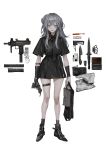  1girl absurdres bag digital_media_player flashlight gun highres holding holding_bag ipod knife lm7_(op-center) necktie original shoes silver_eyes silver_hair smile thigh_strap thighs toothbrush weapon white_background 