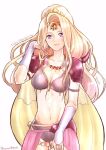  1girl armor blonde_hair breasts cape cleavage closed_mouth elbow_gloves final_fantasy final_fantasy_iv gloves long_hair looking_at_viewer ponytail rosa_farrell simple_background smile solo syanathena white_background 