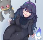  1girl @_@ ahoge alternate_breast_size banette bangs black_hair breasts dress gen_3_pokemon gen_5_pokemon grey_background hair_between_eyes hairband hex_maniac_(pokemon) highres litwick long_dress long_hair medium_breasts messy_hair open_mouth pokemon pokemon_(creature) pokemon_(game) pokemon_xy purple_eyes purple_hair purple_hairband ribbed_sweater simple_background smile sweater tomitakeziro very_long_hair 