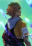  1boy blonde_hair blue_eyes cropped_jacket earrings final_fantasy final_fantasy_x from_behind green_background hungry_clicker jacket jewelry male_focus parted_lips profile short_hair short_sleeves smile solo tidus yellow_jacket 