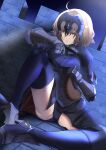  1girl ahoge anemone_noa armor armored_dress ass_visible_through_thighs blonde_hair breasts fate/grand_order fate_(series) headpiece highres jeanne_d&#039;arc_(alter)_(fate) jeanne_d&#039;arc_(fate)_(all) panties pantyshot short_hair sitting solo stone_wall underwear wall yellow_eyes 