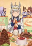  6+girls absurdres agemasen!_(meme) bag blue_eyes bow broccoli brown_hair buraki cake carrot chopstick_rest chopsticks commentary daiwa_scarlet_(umamusume) doughnut ear_ornament eating eyebrows_visible_through_hair fan folding_fan food gold_ship_(umamusume) grey_hair groceries grocery_bag hair_between_eyes hair_bow hair_intakes hair_over_one_eye hamburger_steak highres holding holding_tray ketchup light_particles long_hair long_sleeves mejiro_mcqueen_(umamusume) multicolored_hair multiple_girls neckerchief oguri_cap_(umamusume) omurice pillbox_hat pleated_skirt potato potato_wedges purple_eyes purple_hair purple_skirt red_bow red_neckwear rice sailor_collar school_uniform shopping_bag short_hair silver_hair skirt special_week_(umamusume) strawberry_shortcake tiara tracen_school_uniform tray twintails two-tone_hair umamusume vodka_(umamusume) when_you_see_it white_hair yakiniku 