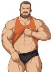  1boy abs absurdres bara beard black_male_underwear briefs brown_hair bulge clothes_lift cowboy_shot facial_hair highres large_pectorals lifted_by_self looking_at_viewer male_cleavage male_focus male_underwear mature_male muscular muscular_male mustache navel no_pants orange_tank_top original pectorals pulled_by_self ryker shirt_lift short_hair sidepec smile solo stomach tank_top thick_thighs thighs underwear underwear_pull white_background 