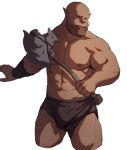  1boy abs axe bald bara bare_pectorals beard bulge cropped_legs dark_skin facial_hair fangs garrosh_hellscream highres holding holding_axe large_pectorals loincloth male_focus mature_male monster_boy muscular muscular_male navel nipples orc pectorals pointy_ears ryker solo stomach stubble thighs warcraft world_of_warcraft 