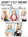  1girl ;) arms_behind_back black_horns blue_eyes blush breasts cat_cutout character_name chart claire_lamund_(nhaliz) cleavage cleavage_cutout clothing_cutout collage crop_top demon_horns english_commentary english_text fang front-tie_top heart highres horns large_breasts light_brown_hair long_hair looking_at_viewer meme meme_attire midriff mole mole_above_eye mole_on_breast multiple_moles multiple_views navel nhaliz no_bra one_eye_closed open-chest_sweater original revealing_clothes shirt_cut_meme sideboob sleeveless slit_pupils smile solo spoken_heart sweater underboob 