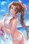  1girl aerith_gainsborough ass beach bikini blue_sky bow brown_hair butt_crack cloud commentary_request cowboy_shot day final_fantasy final_fantasy_vii green_eyes hair_ribbon hat hat_removed headwear_removed highres holding holding_clothes holding_hat long_hair looking_at_viewer outdoors pink_bow ponytail ribbon side-tie_bikini sky solo sun_hat swimsuit white_bikini white_headwear yano_takumi 
