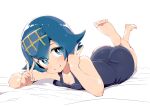  1girl ass barefoot blue_eyes blue_hair blue_swimsuit blush bright_pupils double_v lana_(pokemon) looking_at_viewer old_school_swimsuit one-piece_swimsuit pokemon pokemon_(game) pokemon_sm school_swimsuit shiny shiny_hair shiny_skin short_hair smile soles solo swimsuit swimsuit_under_clothes tottotonero trial_captain v 