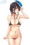  1girl alternate_costume anchor_earrings beret bikini black_bikini black_choker black_hair blue_headwear breasts choker cowboy_shot earrings hat highres jewelry kantai_collection large_breasts navel red_eyes short_hair solo swimsuit takao_(kancolle) tokito_yu 