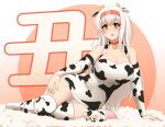  1girl alternate_hairstyle animal_ears animal_print breasts chinese_zodiac cow_ears cow_horns cow_print detached_sleeves dress fake_animal_ears fake_horns highres horns kantai_collection large_breasts long_hair panties print_dress print_legwear short_dress shoukaku_(kancolle) syouyu_0601 thighhighs underwear white_dress white_hair white_legwear white_panties white_sleeves year_of_the_ox yellow_eyes 