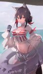  1girl absurdres animal_ear_fluff animal_ears arknights arm_ribbon bare_shoulders beach bikini bikini_under_clothes black_hair breasts can chinese_commentary choker cleavage cleavage_cutout clothing_cutout collarbone colored_inner_hair commentary_request cookie_(ppyf5328) cowboy_shot ear_piercing grey_shorts hair_bun hand_up highleg highleg_bikini highres holding holding_can innertube jacket long_sleeves looking_at_viewer medium_breasts multicolored_hair navel ocean off_shoulder orange_eyes outdoors parted_lips piercing red_bikini red_hair red_ribbon ribbon short_shorts shorts sky solo stomach striped striped_bikini sweat swimsuit texas_(arknights) white_bikini white_choker white_jacket wolf_ears 