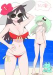  2girls beach bikini black_hair bracelet breasts doggy_(nyanko_daisensou) flower green_hair hat highres jewelry large_breasts multiple_girls murayamawataru navel nyanko_daisensou shell shell_bikini sun_hat sunglasses swimsuit thundia_(nyanko_daisensou) windy_(nyanko_daisensou) 