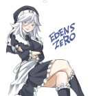  1girl blue_eyes breasts copyright_name crossed_arms eden&#039;s_zero feet_out_of_frame frills habit hair_between_eyes kneehighs large_breasts long_hair looking_at_viewer mashima_hiro nun official_art simple_background sister_ivry sitting solo white_background white_hair 