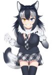  1girl animal_ears black_hair black_legwear blue_eyes blush breast_pocket breasts cleavage eyebrows_visible_through_hair gloves grey_wolf_(kemono_friends) heterochromia highres kemono_friends large_breasts looking_at_viewer maindo_(mindrmindr) multicolored_hair plaid_neckwear pocket simple_background solo tail thighhighs two-tone_hair white_background white_gloves white_hair wolf_ears wolf_girl wolf_tail yellow_eyes zettai_ryouiki 