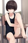  1boy black_hair black_swimsuit chair classroom collarbone commentary_request crossdressing curtains highres indoors looking_away male_focus one-piece_swimsuit original short_hair sitting solo sunaba_(nczd5875) swimsuit table window 