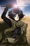  1980s_(style) 1boy animification black_eyes black_hair bodysuit cloak dennis_pulido desert dune_(novel) dune_(planet) english_commentary gleam highres holding holding_knife knife moon paul_atreides retro_artstyle sand science_fiction solo 