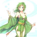 1girl breasts bridal_gauntlets cleavage closed_mouth detached_sleeves earrings final_fantasy final_fantasy_iv green_eyes green_hair jewelry long_hair looking_at_viewer maimi_ff older rydia smile solo 