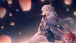  2girls :3 absurdres animal_ears blue_eyes bunny_ears chinese_clothes chinese_new_year eta fan frederica_nikola_tesla glasses hair_between_eyes hair_ornament highres holding honkai_(series) honkai_impact_3rd lantern long_hair multiple_girls new_year night night_sky open_mouth paper_lantern red_eyes red_hair sitting sky sky_lantern theresa_apocalypse theresa_apocalypse_(starlit_astrologos) thighhighs v-shaped_eyebrows white_hair white_legwear zhuge_kongming_(honkai_impact) 