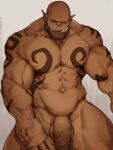  1boy abs arm_tattoo bald bara beard beckoning censored chest_tattoo completely_nude dark_skin eyebrow_piercing facial_hair fangs feet_out_of_frame flaccid garrosh_hellscream highres large_pectorals male_focus mature_male monster_boy mosaic_censoring muscular muscular_male navel nipples no_nipples nose_piercing nose_ring nude orc pectorals penis piercing pointy_ears ryker smile solo stomach stubble tattoo thick_thighs thighs veins warcraft world_of_warcraft 