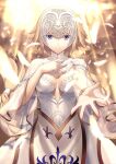  1girl blonde_hair blue_eyes braid closed_mouth cloud detached_sleeves dress falling_feathers fate/grand_order fate_(series) feathers fleur_de_lis headpiece jeanne_d&#039;arc_(fate) jeanne_d&#039;arc_(fate)_(all) light_rays long_hair looking_at_viewer lostroom_outfit_(fate) official_alternate_costume official_art reaching_out single_braid smile solo sunbeam sunlight takeuchi_takashi white_dress white_sleeves 