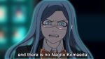  1girl bangs black_jacket blue_eyes blue_hair blurry blurry_background cheer_(cheerkitty14) collared_shirt commentary danganronpa_(series) danganronpa_v3:_killing_harmony dress_shirt english_commentary english_text glasses jacket long_hair long_sleeves looking_at_viewer megamind_(movie) meme neck_ribbon open_mouth orange_ribbon pale_skin parody parted_bangs ribbon school_uniform semi-rimless_eyewear shirogane_tsumugi shirt solo subtitled teeth upper_body white_shirt wing_collar 