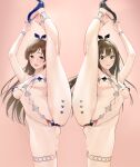  2girls ankle_strap armpits arms_up bangs blush bow breasts brown_eyes brown_hair censored covered_nipples cum cum_in_pussy dress earrings eyebrows_visible_through_hair flexible green_eyes hair_bow hair_ornament heart heart_tattoo high_heels highres idolmaster idolmaster_cinderella_girls jewelry kozuka_yasushi large_breasts leg_lift leg_tattoo leg_up long_hair looking_at_viewer microdress mosaic_censoring multiple_girls navel nitta_minami nude open_mouth ring shibuya_rin smile split spread_legs standing standing_on_one_leg standing_split tattoo thigh_strap thighs wristband 