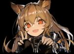  1girl :d animal_ears arknights black_background boots brown_footwear brown_hair brown_shirt ceobe_(arknights) dog_ears dog_girl error1980 fang hands_on_own_knees highres long_hair looking_at_viewer open_mouth orange_eyes portrait red_eyes shirt simple_background skin_fang smile solo squatting thigh_boots thighhighs upper_body w 