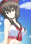  1girl bangs bikini black_headwear black_sailor_collar blue_sky breasts brown_eyes brown_hair closed_mouth cloud cloudy_sky commentary covered_nipples day dixie_cup_hat frilled_bikini frills girls_und_panzer girls_und_panzer_senshadou_daisakusen! hat head_tilt highres iron_cross kamishima_kanon large_breasts leaning_forward looking_at_viewer military_hat neckerchief nishizumi_maho official_alternate_costume outdoors red_neckwear sailor_bikini sailor_collar short_hair sky solo swimsuit upper_body white_bikini 