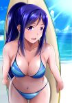  1girl :d bangs beach bikini blue_bikini blue_hair blue_sky breasts cleavage cloud collarbone cowboy_shot day eyebrows_visible_through_hair hair_between_eyes highres kujira_katsu_(ztmy5535) large_breasts leaning_forward long_hair love_live! love_live!_sunshine!! matsuura_kanan ocean open_mouth outdoors ponytail purple_eyes shiny shiny_hair shiny_skin sky smile solo sparkle standing striped striped_bikini summer sunlight surfboard swimsuit thigh_gap very_long_hair 