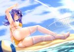  1girl ass aviator_sunglasses azur_lane beach beach_volleyball bikini breasts eyewear_on_head full_body highres kaidou_nora- large_breasts official_alternate_costume pola_(azur_lane) pola_(seaside_coincidence)_(azur_lane) purple_hair skindentation solo sun sunglasses swimsuit thighhighs thighs twintails volleyball_net white_legwear yellow_bikini yellow_eyes 