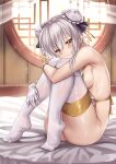  1girl ass blush breasts bun_cover closed_mouth double_bun full_body hair_between_eyes head_tilt hugging_own_legs indoors looking_at_viewer medium_breasts on_bed revealing_clothes second-party_source sideboob silver_hair sitting skindentation smile solo thighhighs white_legwear xephyrks yellow_eyes you_can_eat_the_girl 