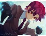  1girl bangs bazett_fraga_mcremitz black_gloves breasts coat earrings fate/hollow_ataraxia fate_(series) gloves hair_between_eyes incoming_attack jewelry looking_at_viewer meiji_ken necktie purple_hair red_eyes shirt short_hair solo upper_body 