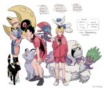  3boys alolan_form alolan_persian black-framed_eyewear black_hair blonde_hair character_request commentary_request copyright_request crossover gen_2_pokemon gen_3_pokemon gen_4_pokemon gen_6_pokemon gen_7_pokemon glasses hand_on_own_thigh holding holding_pokemon jacket knee_pads knees long_sleeves lunatone male_focus meowstic meowstic_(female) multiple_boys ohhhhhhtsu on_head oranguru pokemon pokemon_(creature) pokemon_on_head shirt shoes short_hair short_sleeves shorts sneakers spiked_hair squatting standing translation_request twitter_username umbreon weavile white_background 