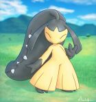  blurry closed_eyes closed_mouth cloud commentary day english_commentary facing_viewer full_body gen_3_pokemon grass hand_up highres hill mawaifu mawile no_humans outdoors pokemon pokemon_(creature) signature sky smile solo standing toes tree 